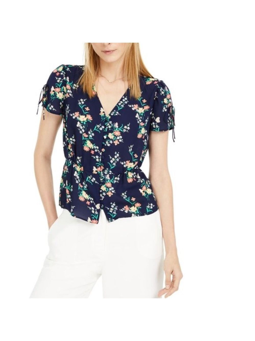 Maison Jules Floral-Print Split-Sleeve Blouse